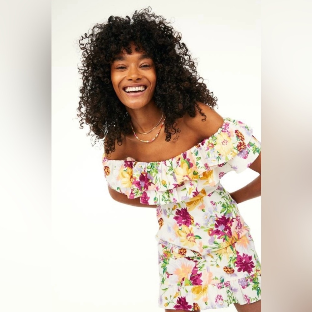 H&M FLOUNCED Off the Shoulder Mini DRESS Stylish Floral Mini Dress with Ruffles - Picture 6 of 10